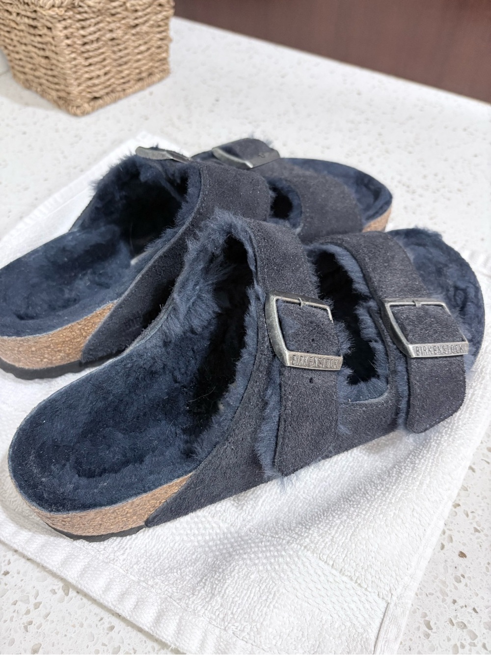Birkenstock Shearling-Lined Suede Double Buckle Slides in Navy Blue